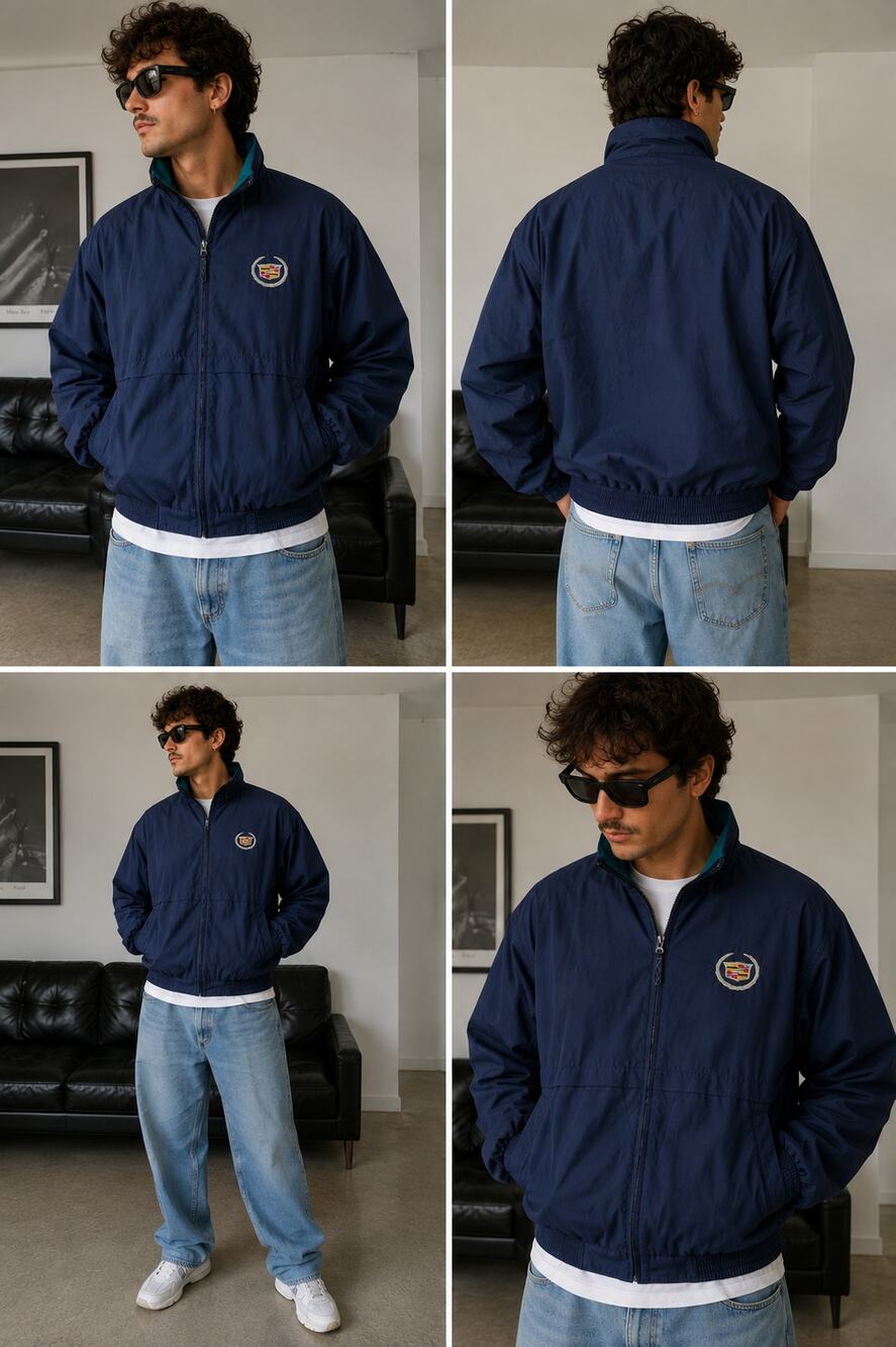 Cadillac Embroidered Windbreaker Jacket XL Navy Full Zip Mesh Lined Golf Y2K